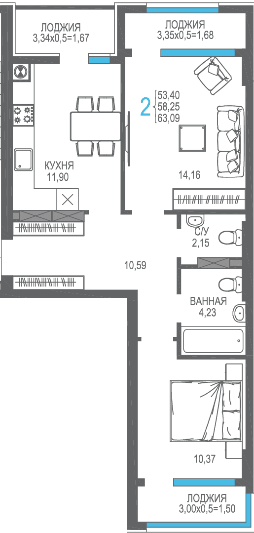 2-к, 58.25 м² · На Фонтанке