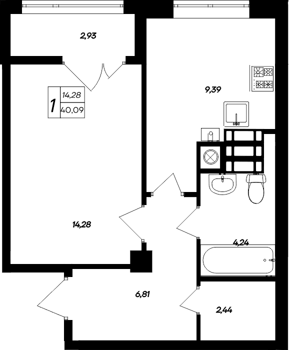 1-к, 40.09 м² · Парковые кварталы