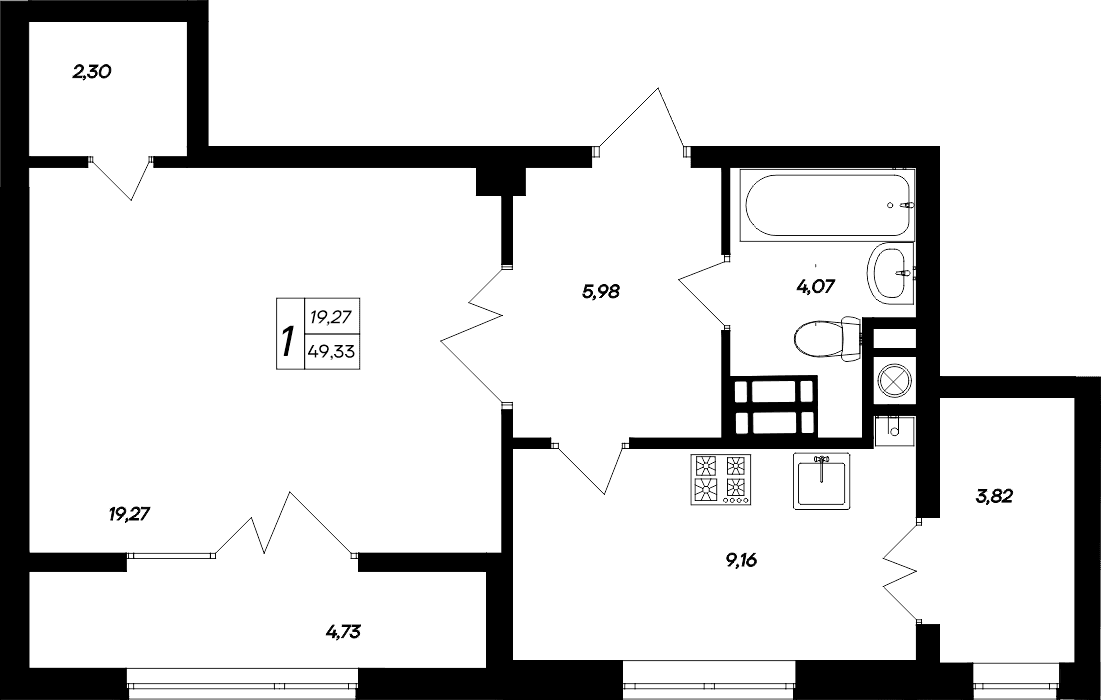 1-к, 49.33 м² · Парковые кварталы