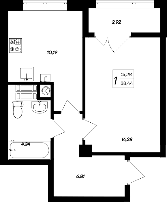 1-к, 38.44 м² · Парковые кварталы