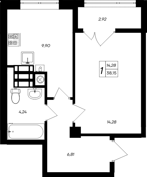 1-к, 38.15 м² · Парковые кварталы