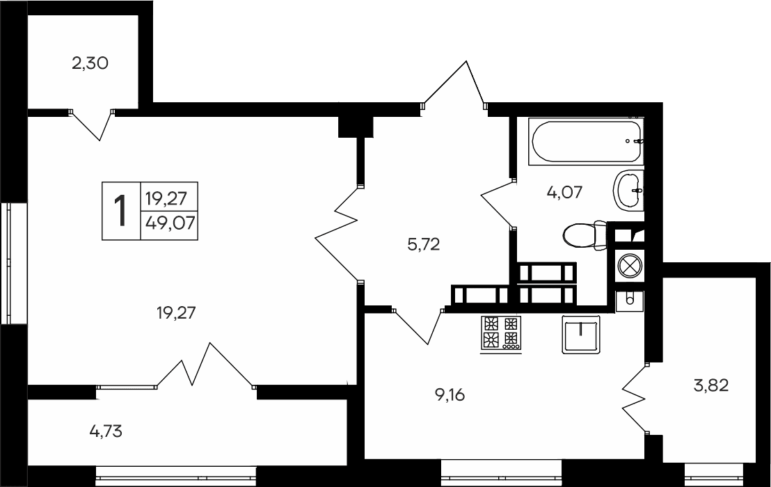 1-к, 49.07 м² · Парковые кварталы