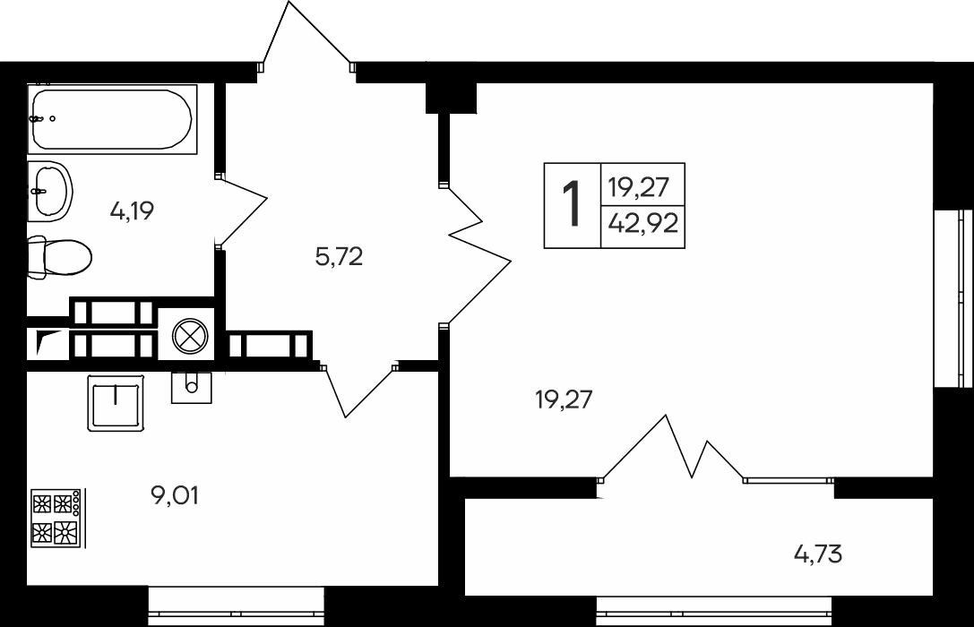 1-к, 42.92 м² · Парковые кварталы