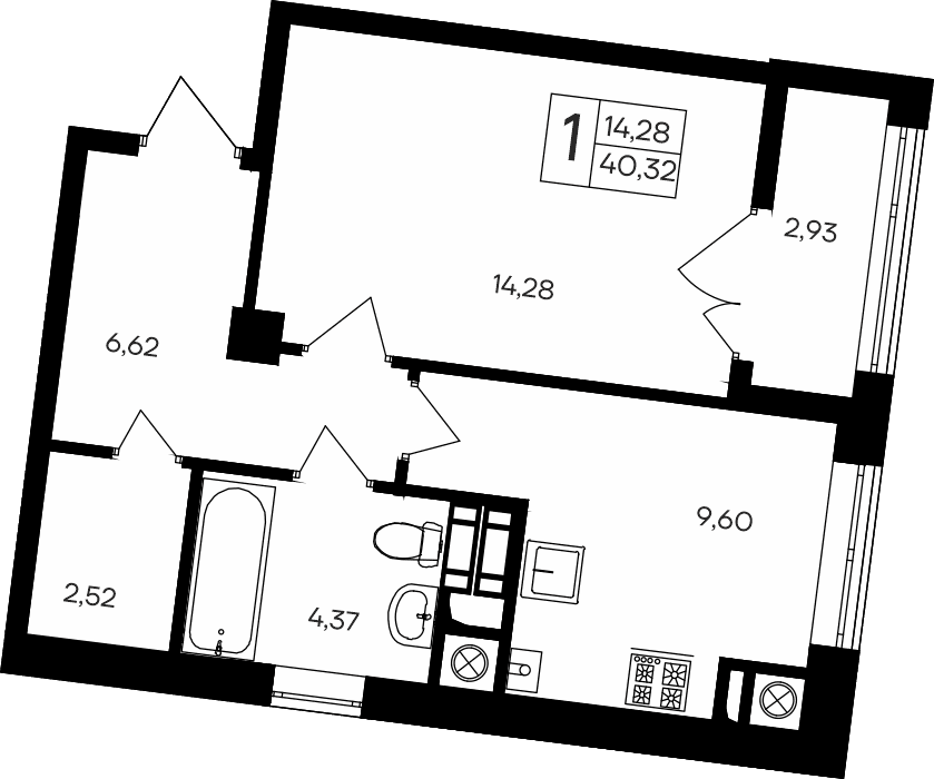 1-к, 40.32 м² · Парковые кварталы