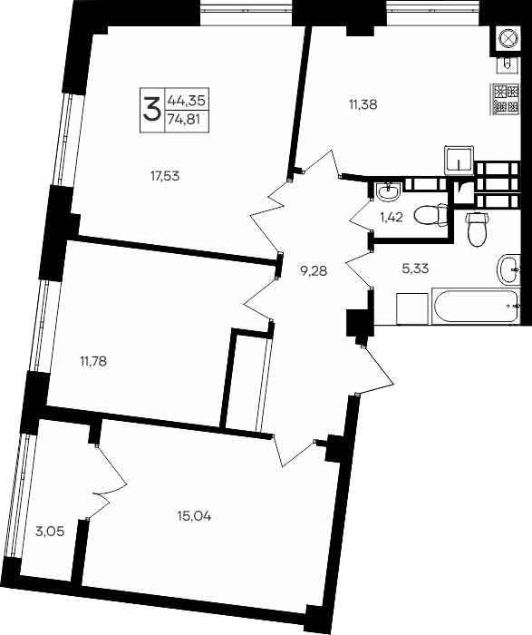 3-к, 74.81 м² · Парковые кварталы