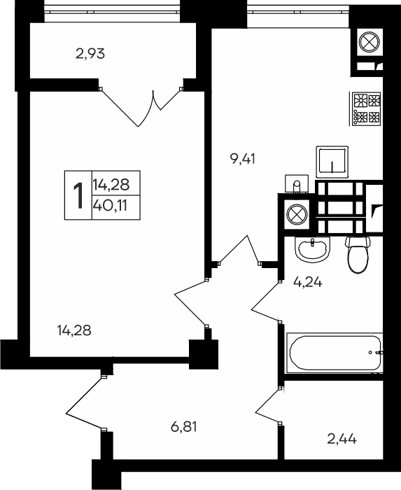1-к, 40.11 м² · Парковые кварталы