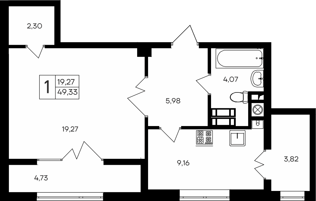 1-к, 49.33 м² · Парковые кварталы