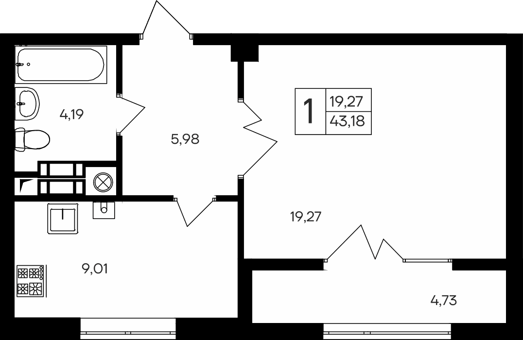 1-к, 43.18 м² · Парковые кварталы