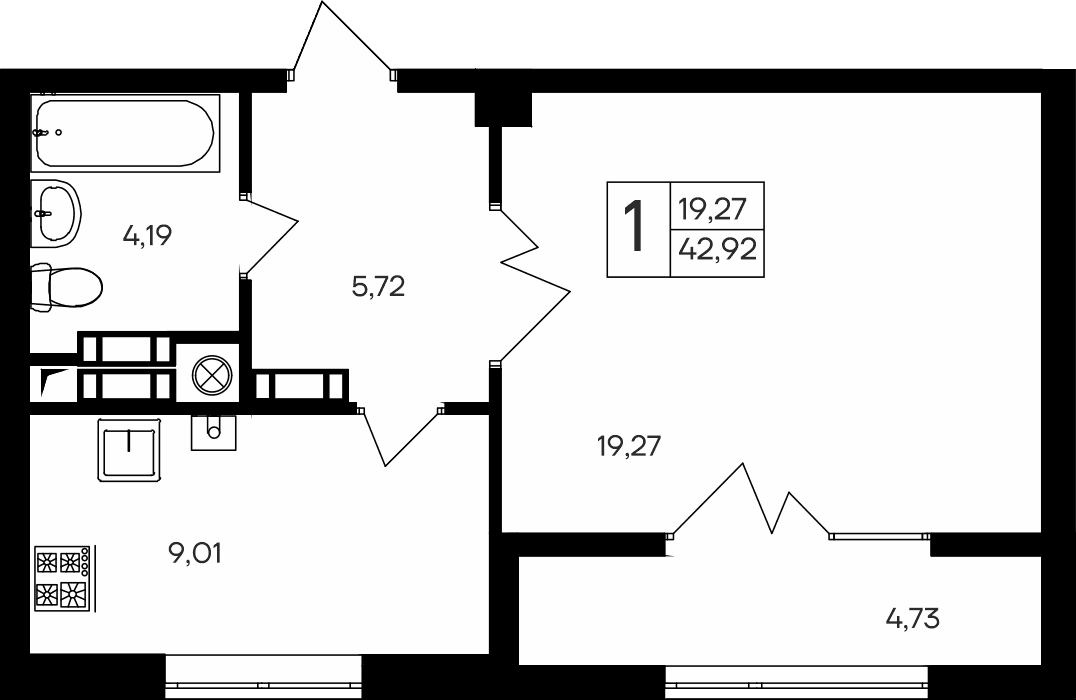 1-к, 42.92 м² · Парковые кварталы