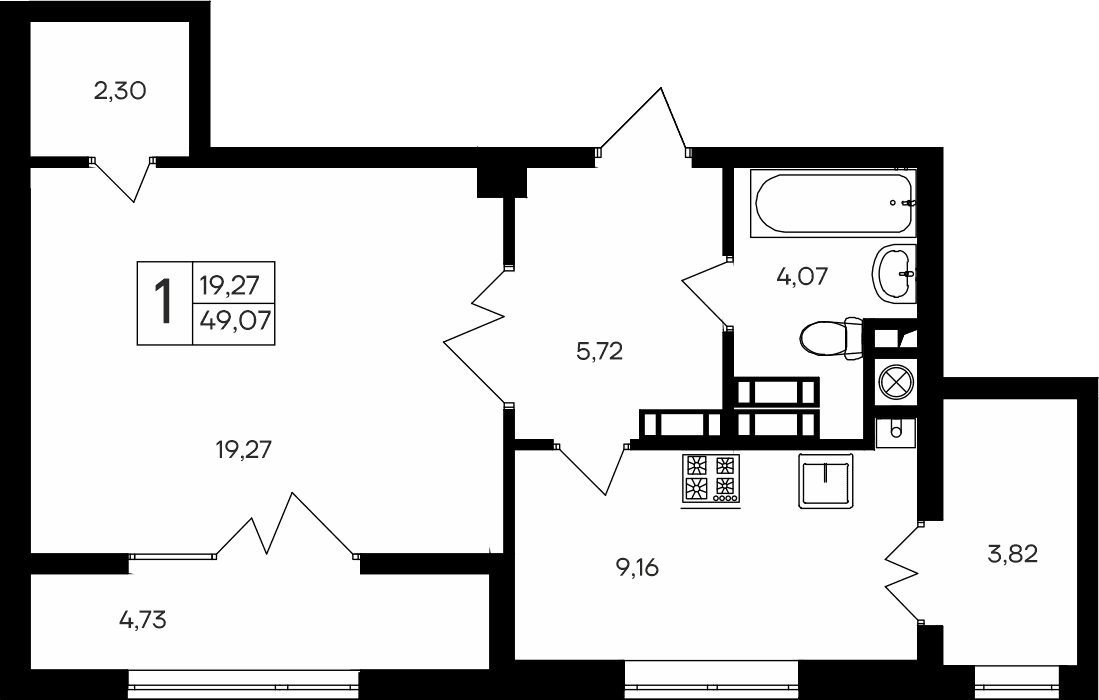 1-к, 49.07 м² · Парковые кварталы