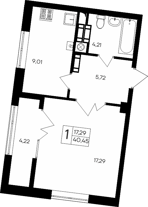 1-к, 40.45 м² · Парковые кварталы