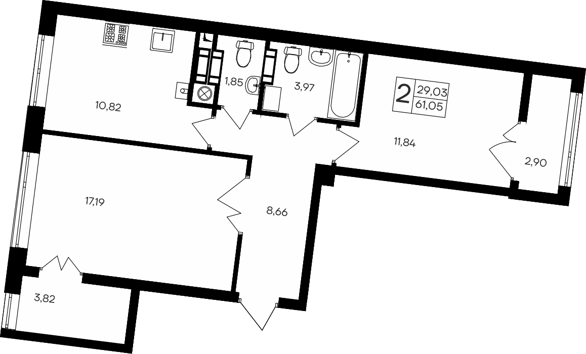 2-к, 61.05 м² · Парковые кварталы