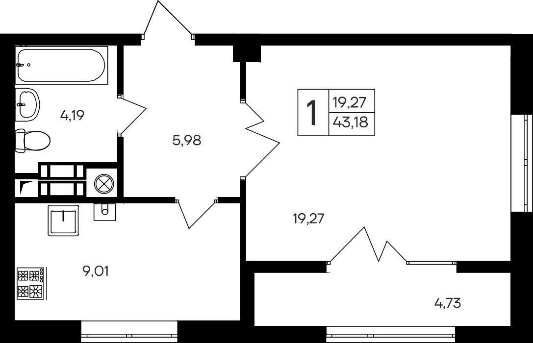 1-к, 43.18 м² · Парковые кварталы
