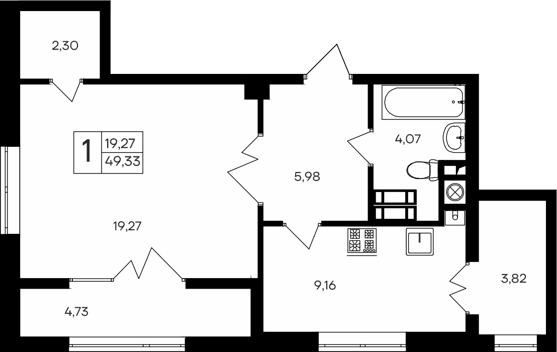 1-к, 49.33 м² · Парковые кварталы
