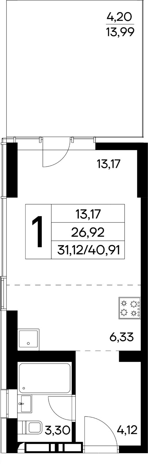 1-к, 40.91 м² · Лучистое