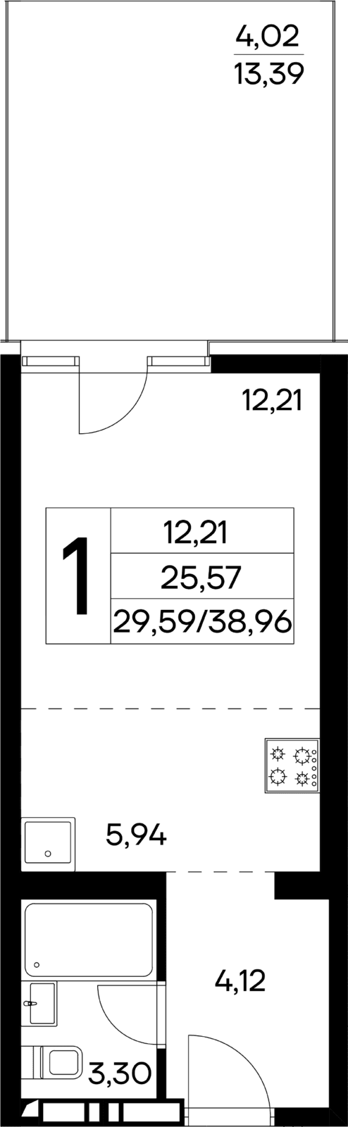 1-к, 38.96 м² · Лучистое
