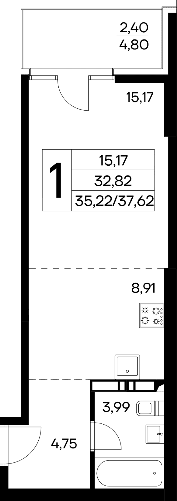 1-к, 37.62 м² · Лучистое