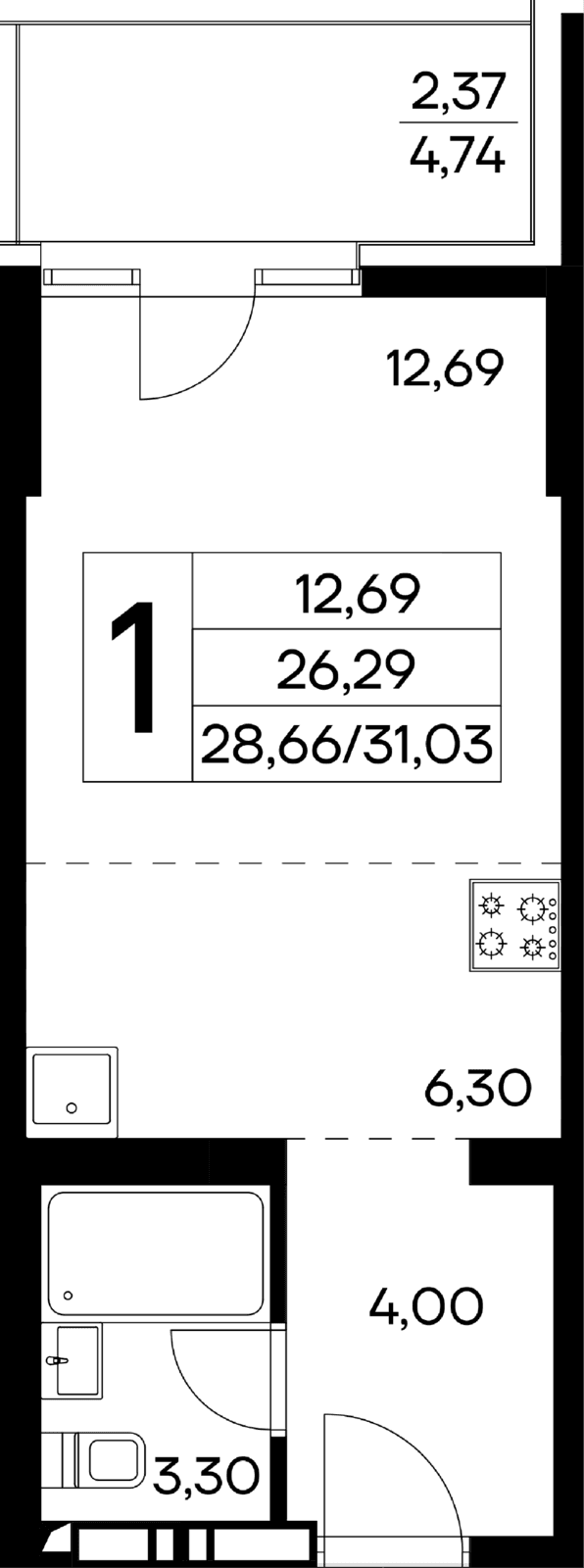 1-к, 31.03 м² · Лучистое