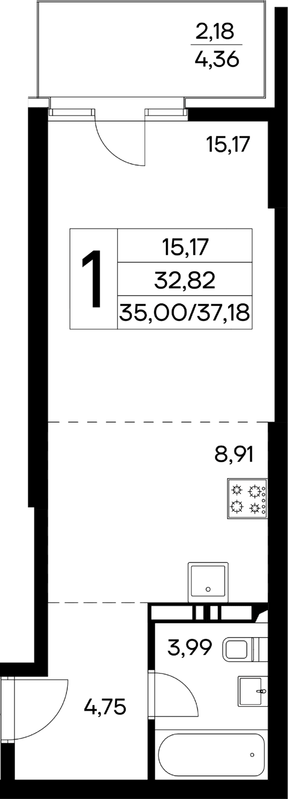 1-к, 37.18 м² · Лучистое