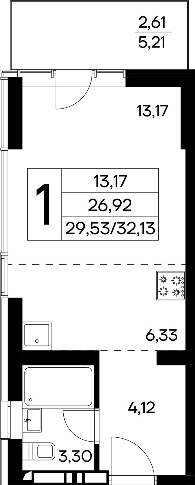 1-к, 32.13 м² · Лучистое