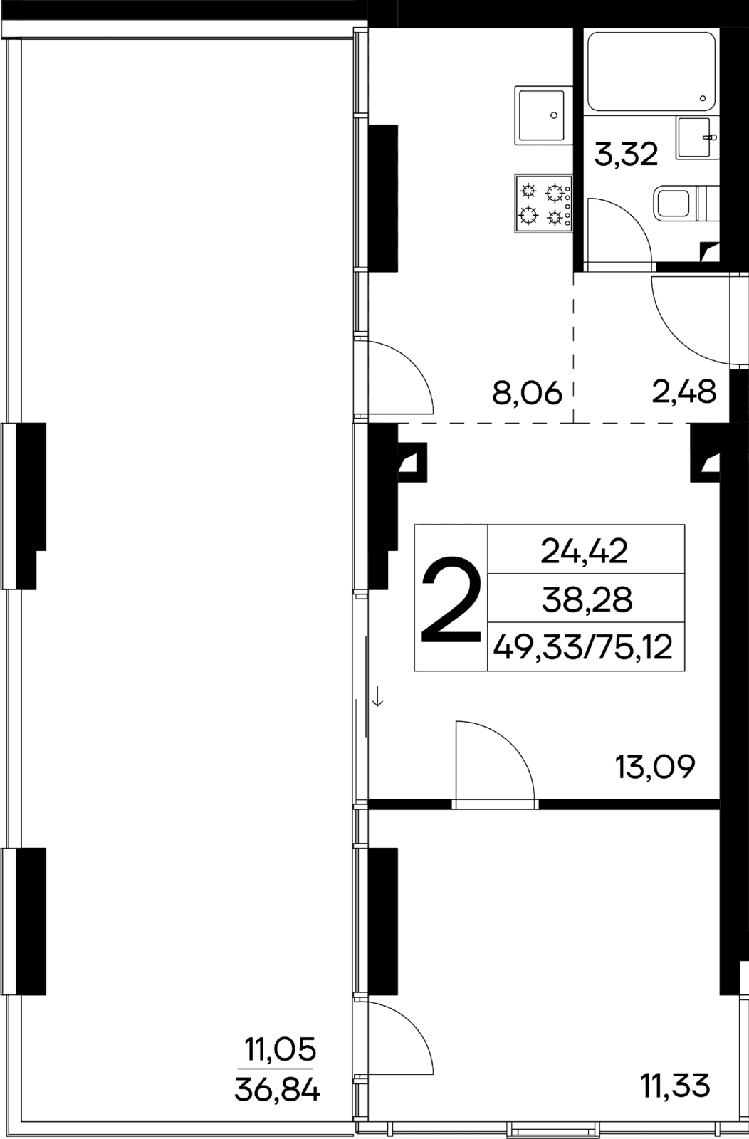 2-к, 75.12 м² · Лучистое