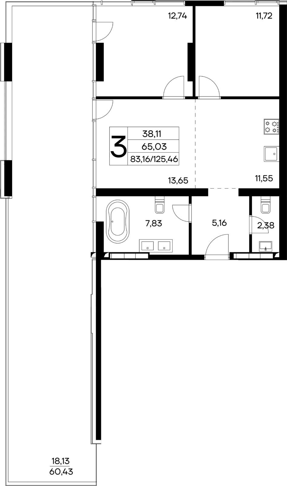 3-к, 125.46 м² · Лучистое