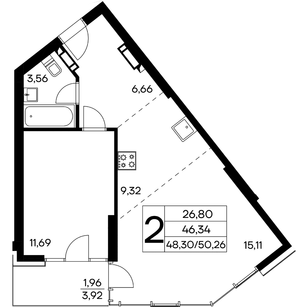 2-к, 50.26 м² · Лучистое