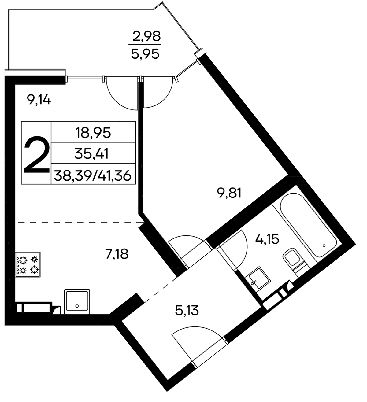 2-к, 41.36 м² · Лучистое