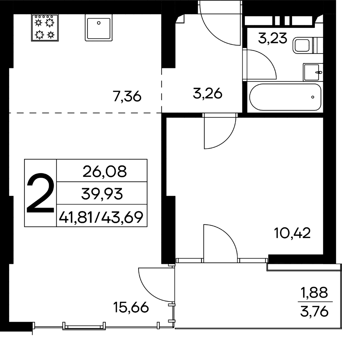 2-к, 43.69 м² · Лучистое