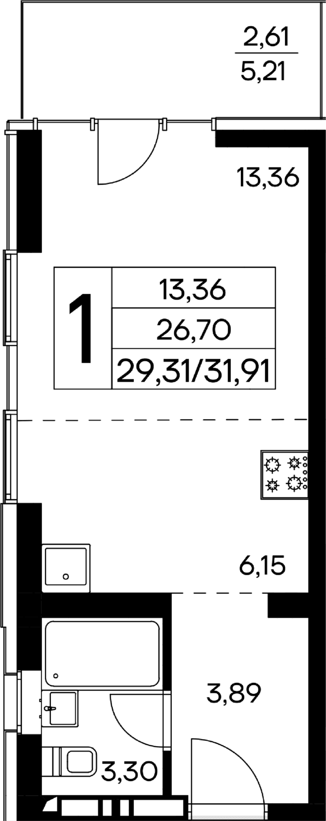 1-к, 31.91 м² · Лучистое