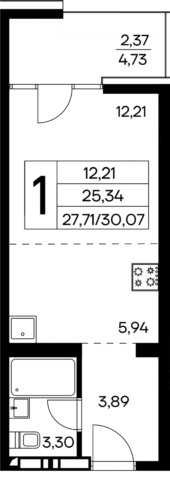 1-к, 30.07 м² · Лучистое