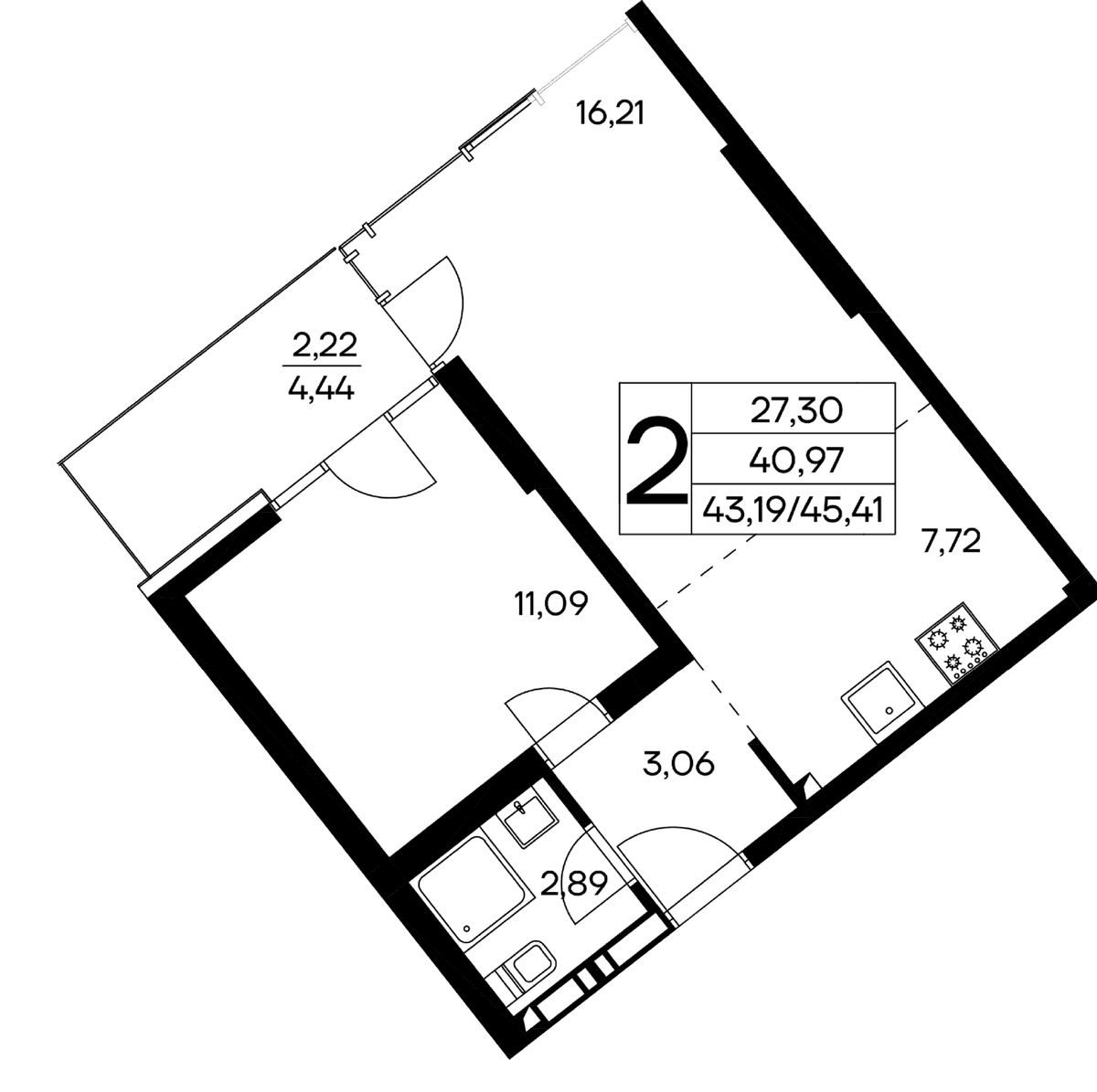 2-к, 45.41 м² · Лучистое