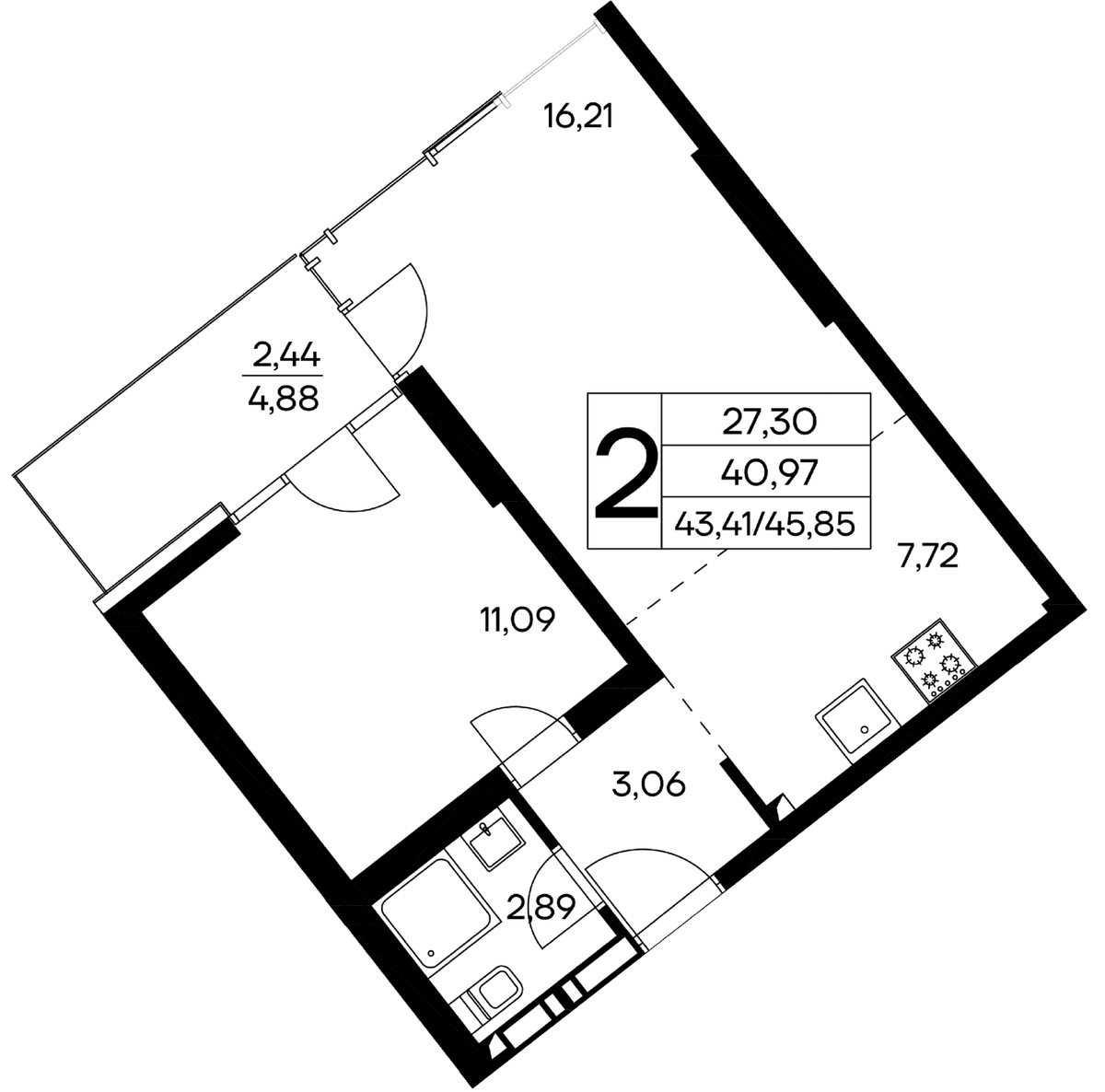 2-к, 45.85 м² · Лучистое