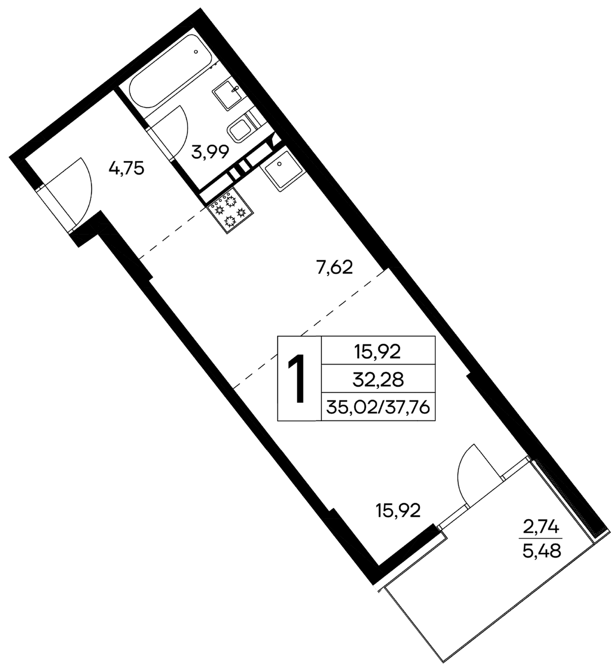 1-к, 37.76 м² · Лучистое