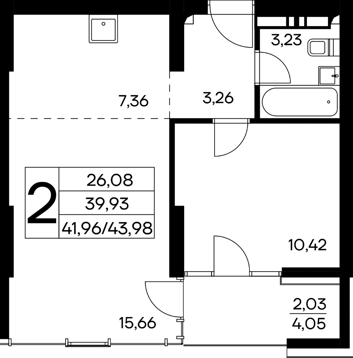 2-к, 43.98 м² · Лучистое