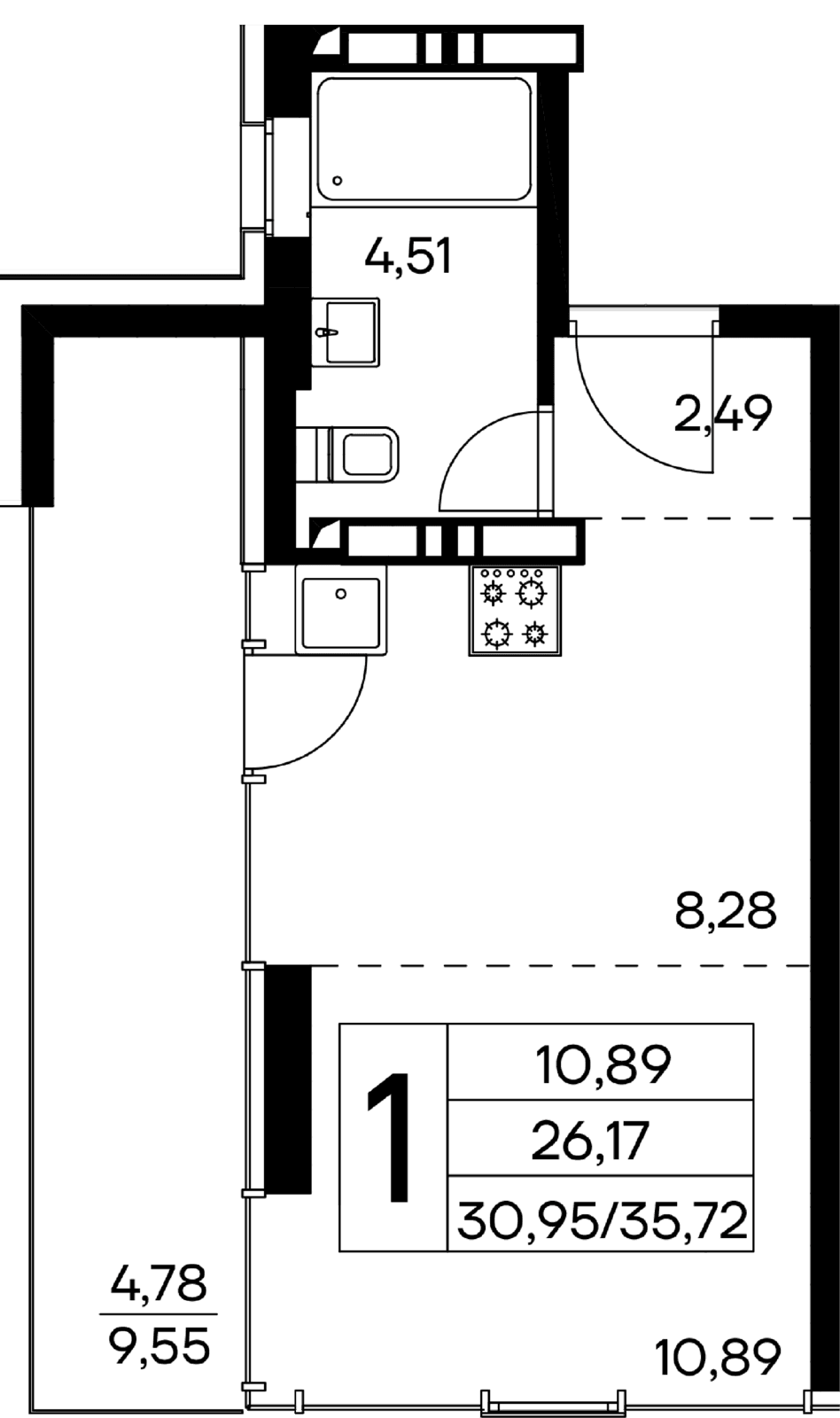 1-к, 35.72 м² · Лучистое