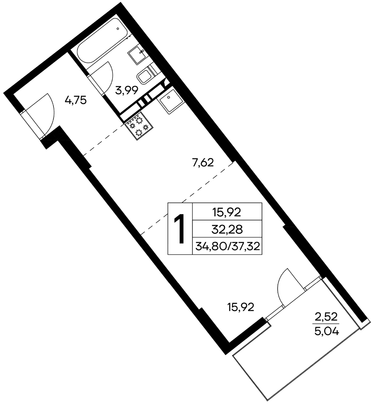 1-к, 37.32 м² · Лучистое