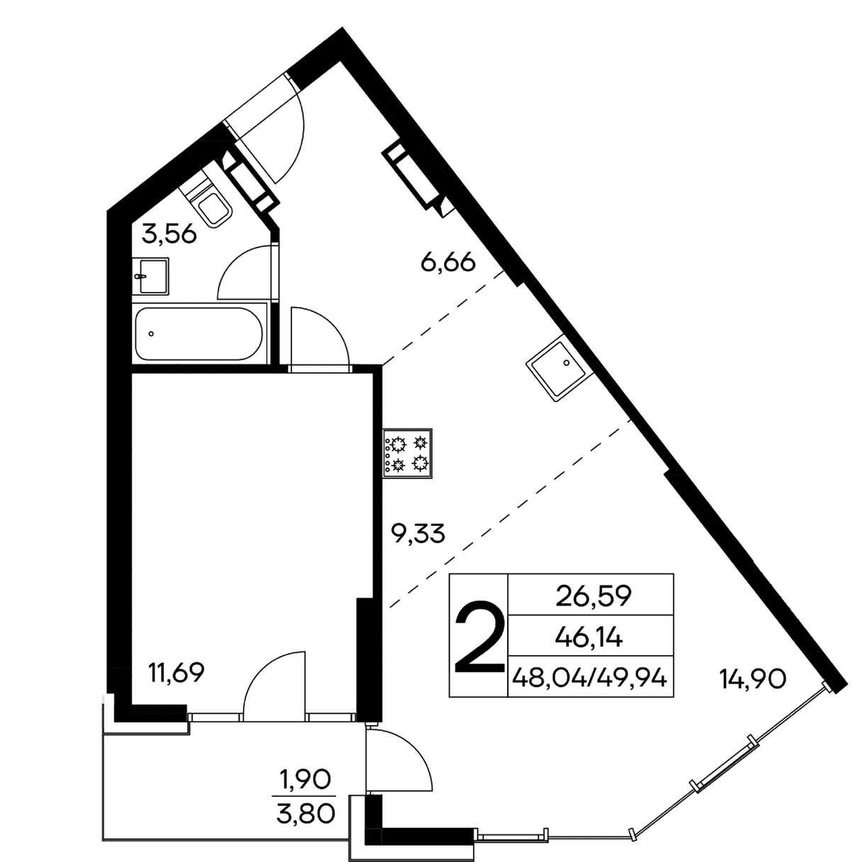 2-к, 49.94 м² · Лучистое