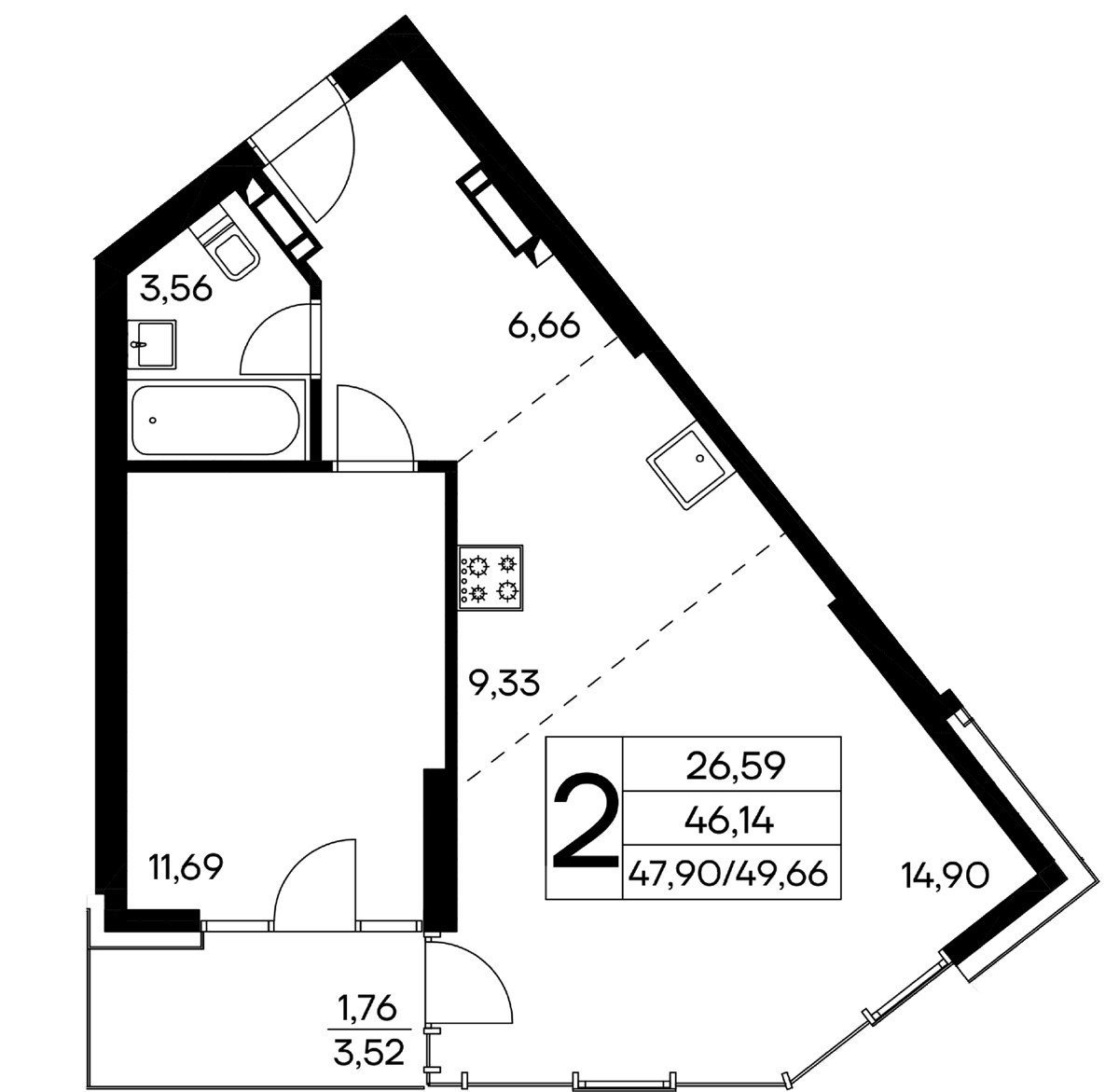 2-к, 49.66 м² · Лучистое