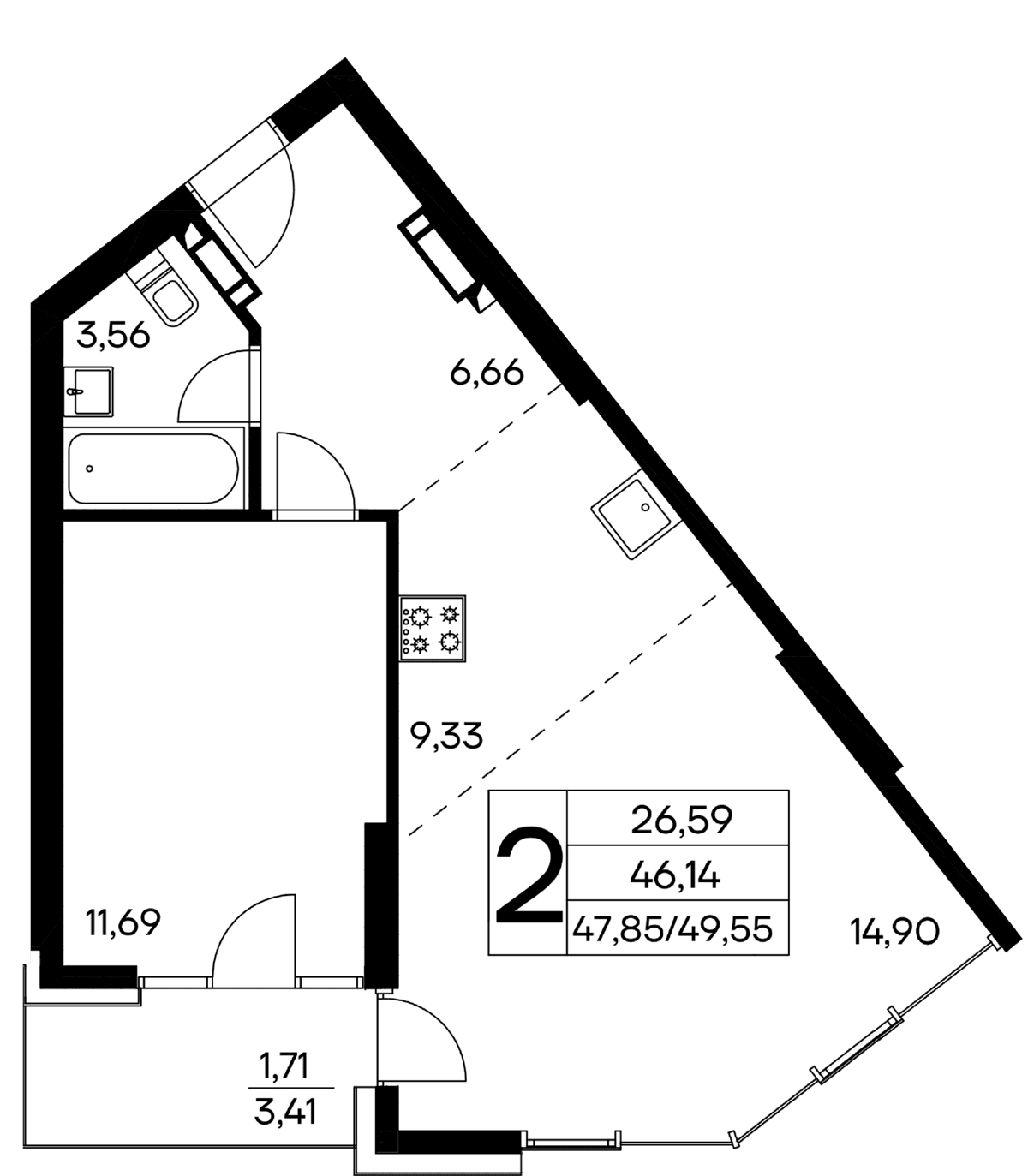 2-к, 49.55 м² · Лучистое