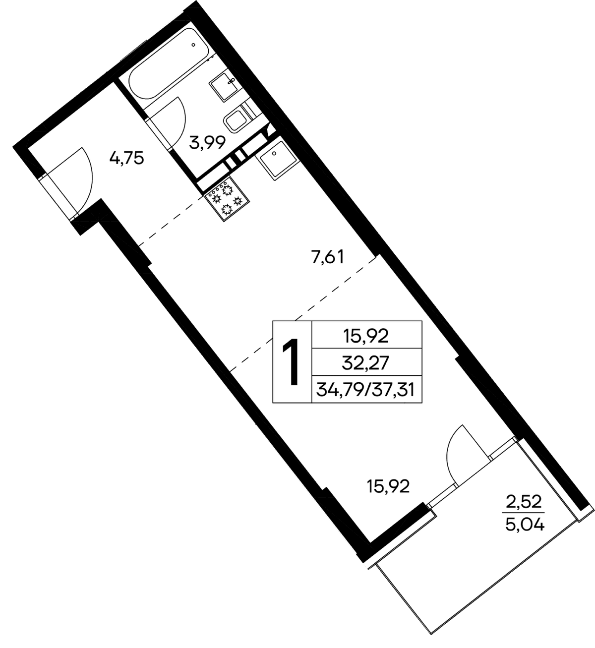 1-к, 37.31 м² · Лучистое