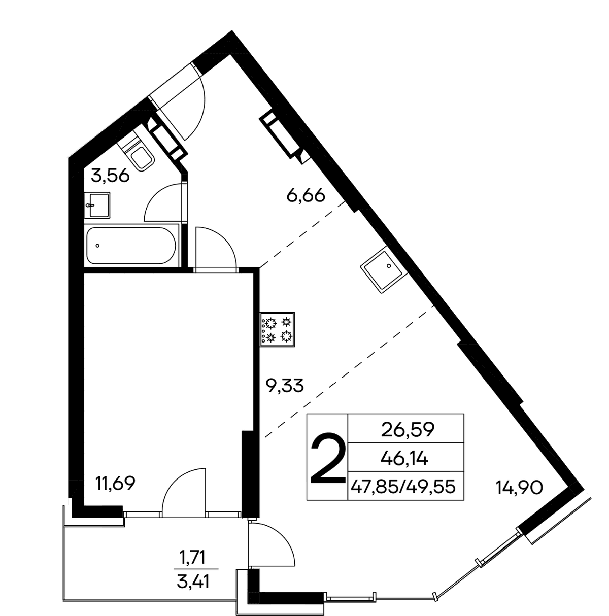 2-к, 49.55 м² · Лучистое