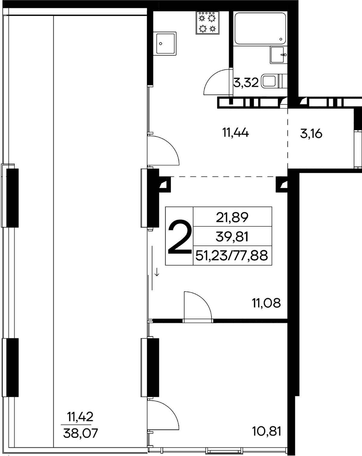 2-к, 77.88 м² · Лучистое