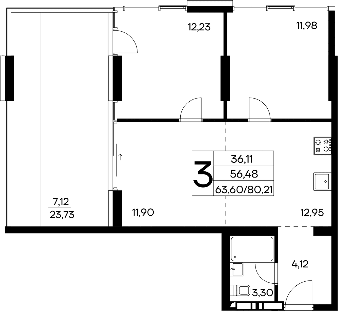 3-к, 80.21 м² · Лучистое