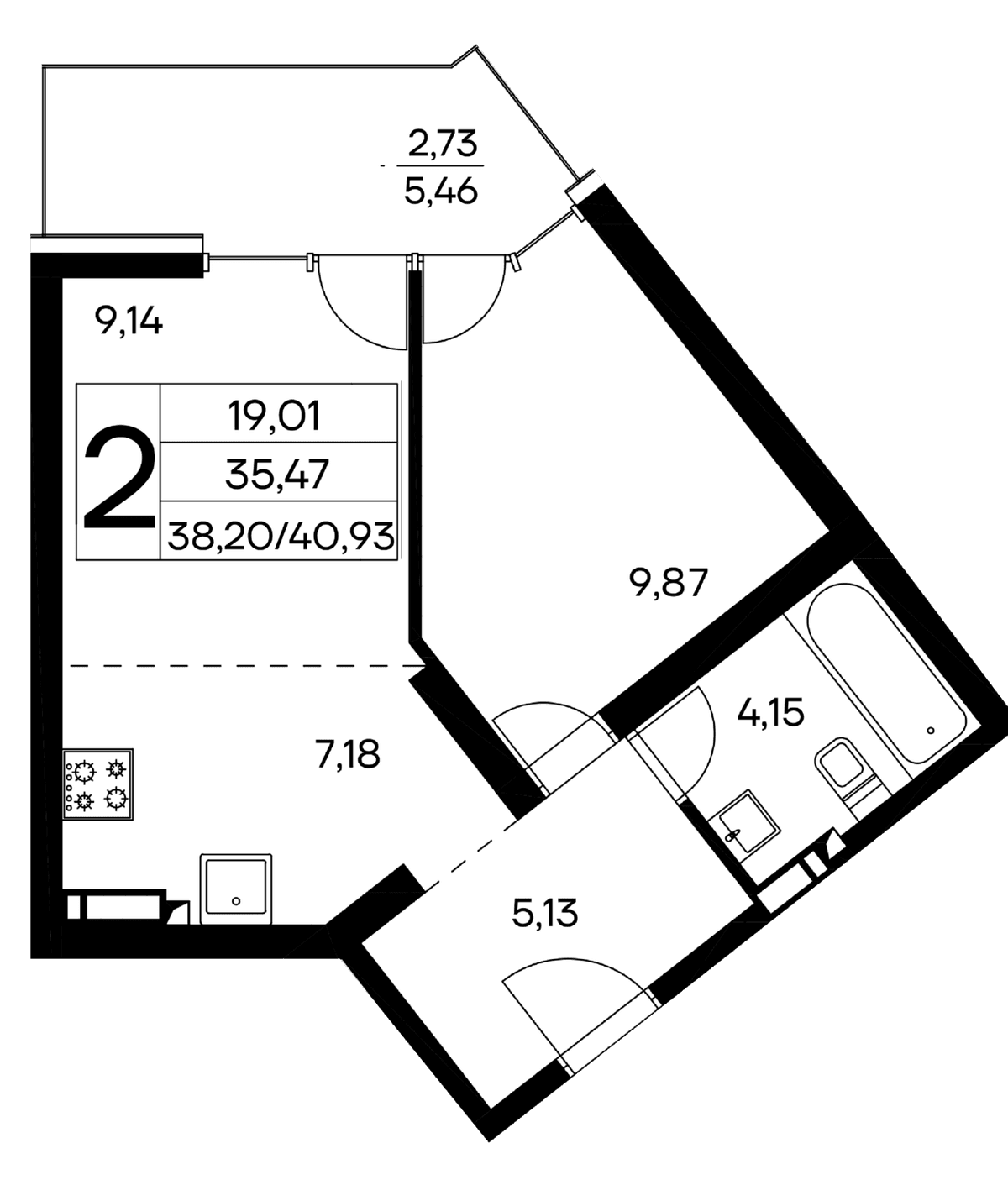 2-к, 40.93 м² · Лучистое