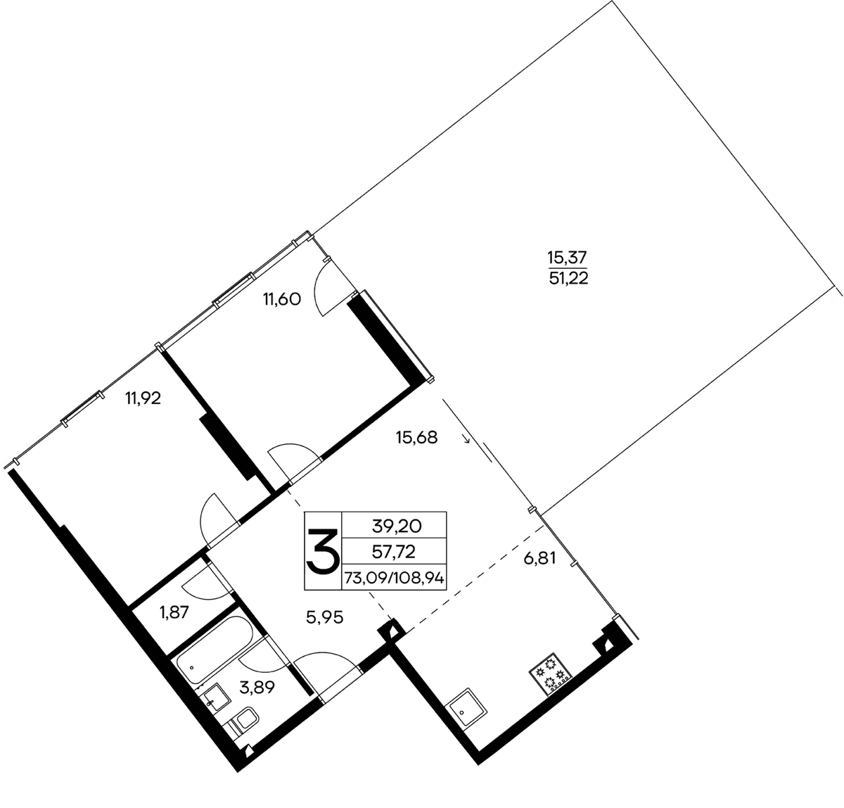 3-к, 108.94 м² · Лучистое