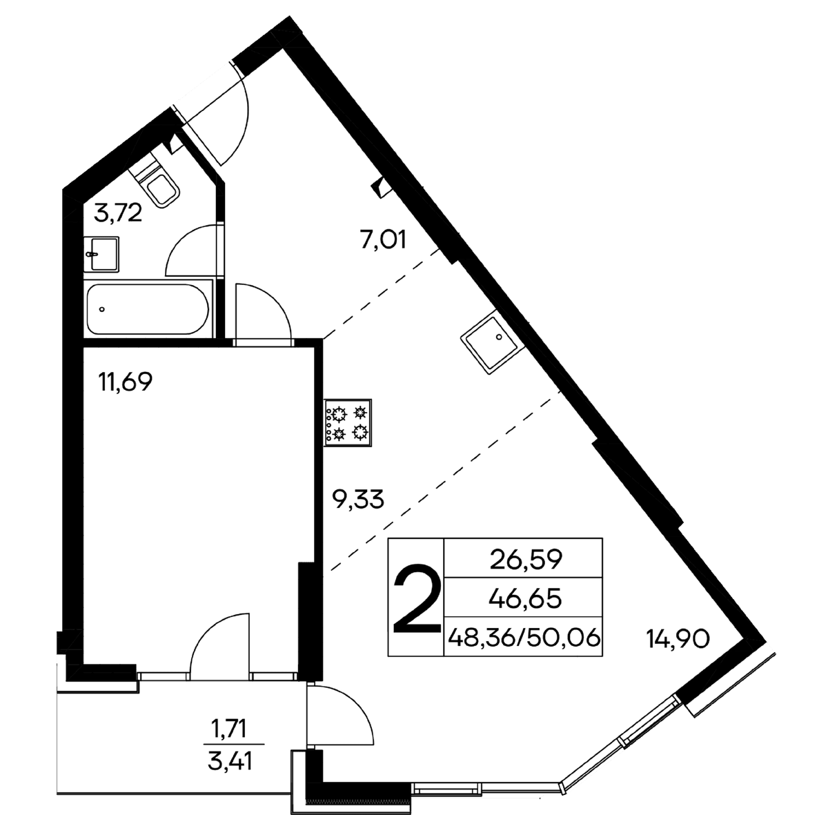2-к, 50.06 м² · Лучистое