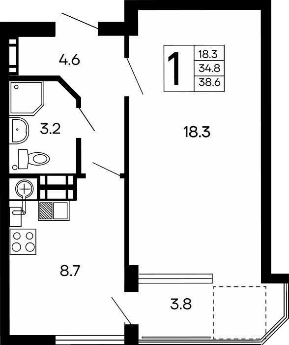 1-к, 38.6 м² · Семейный