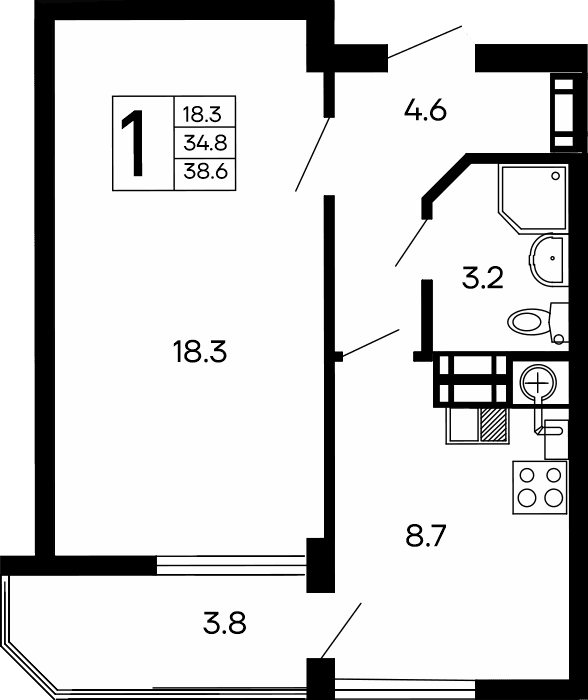 1-к, 38.6 м² · Семейный
