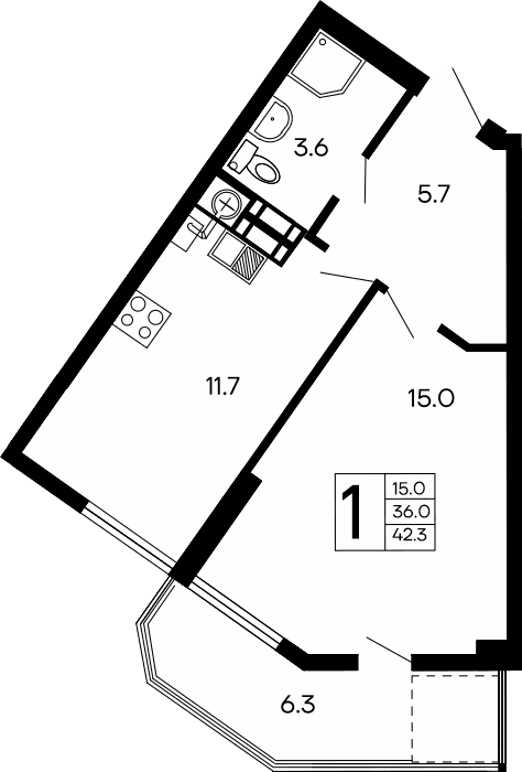 1-к, 42.3 м² · Семейный